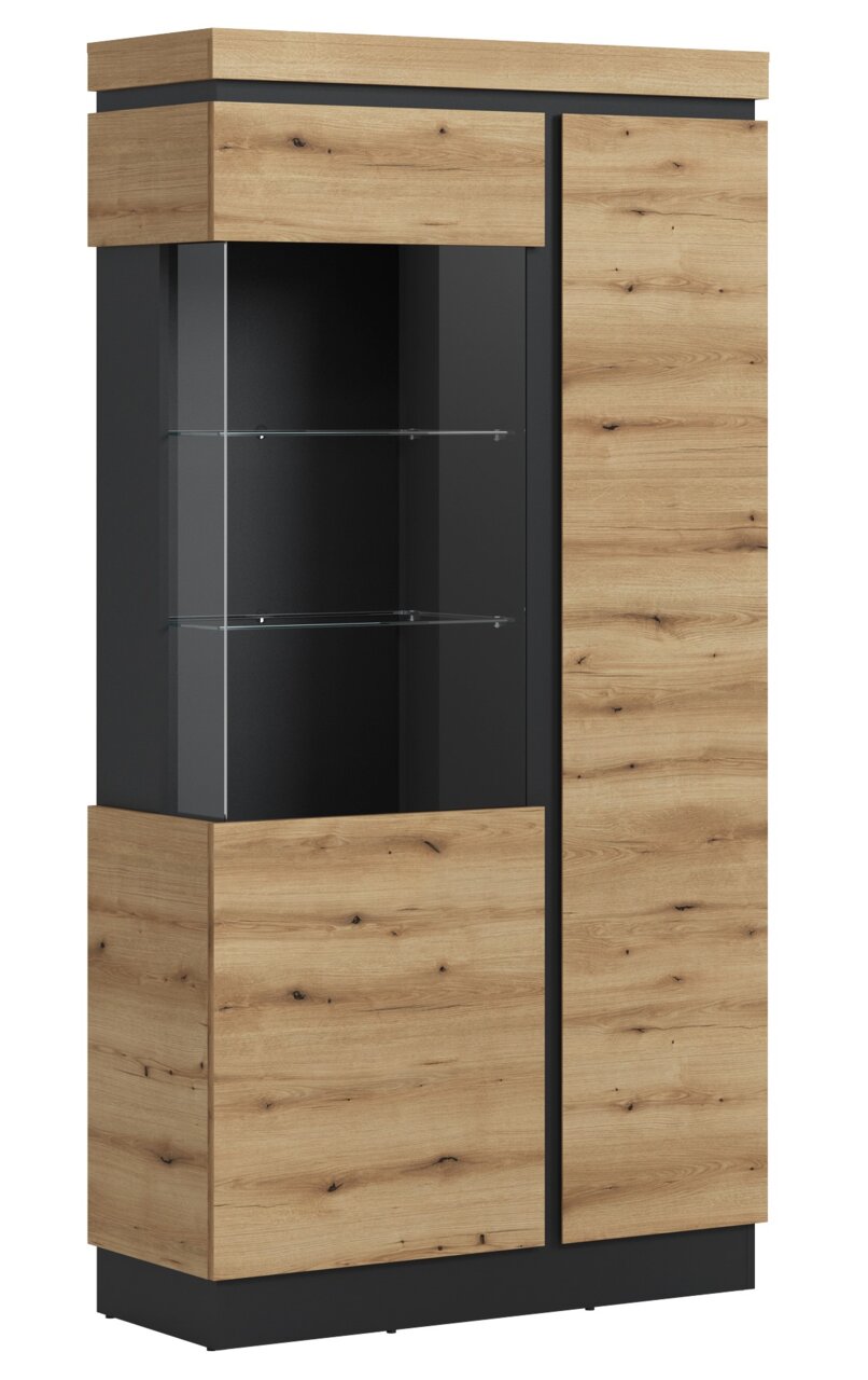 Vitrine aus Holz mit Glaselementen, seitliche Perspektive