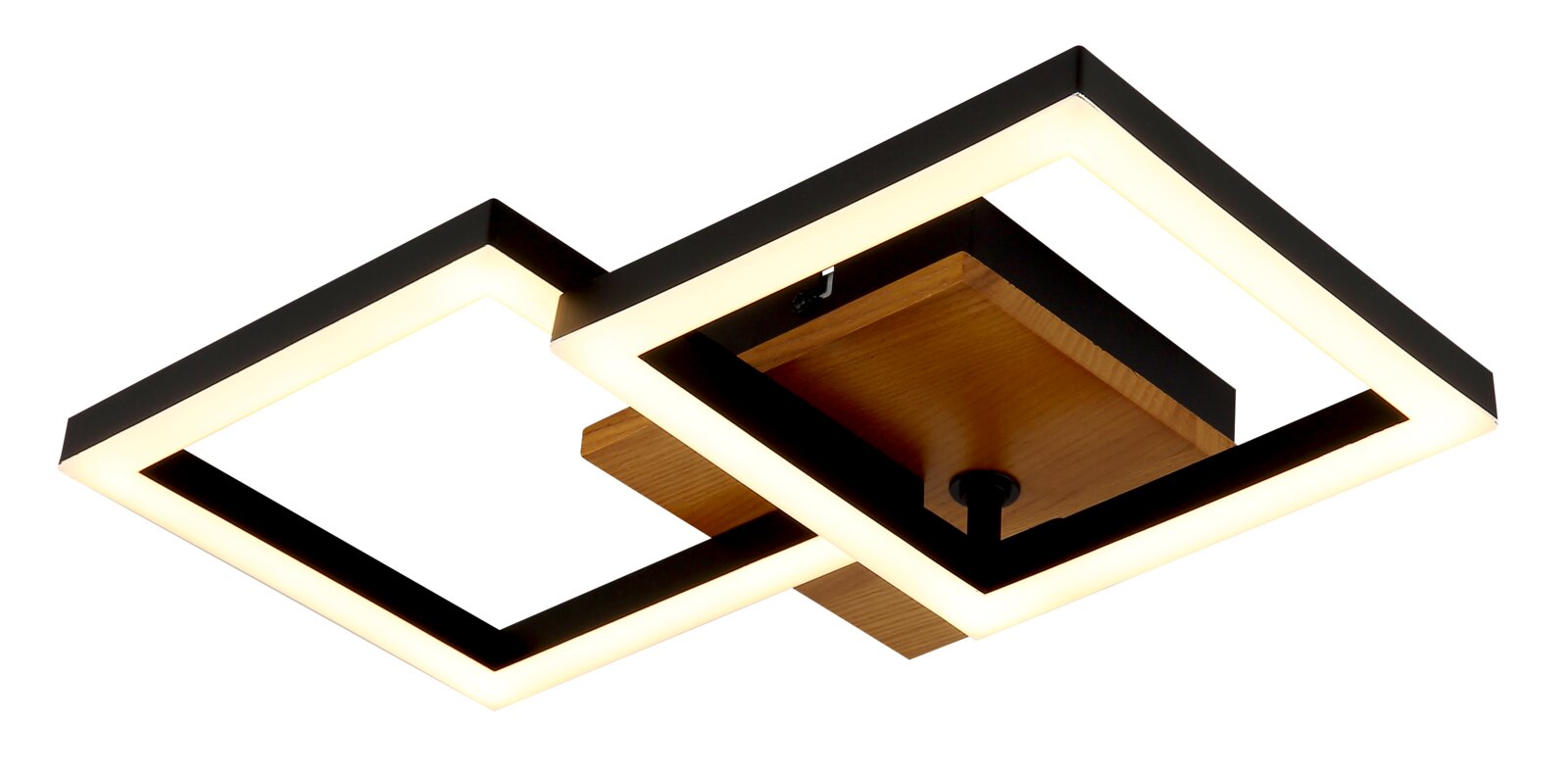 Moderne Deckenleuchte mit zwei überlappenden quadratischen LED-Rahmen in Schwarz und Holzoptik, seitliche Perspektive