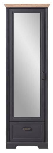 Schmaler Garderobenschrank JUDITH mit Spiegel, dunklem Korpus und heller Holzplatte, Frontalansicht
