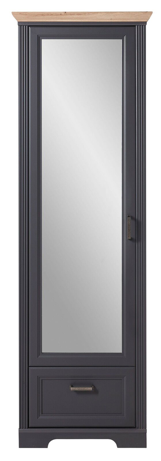 Schmaler Garderobenschrank JUDITH mit Spiegel, dunklem Korpus und heller Holzplatte, Frontalansicht
