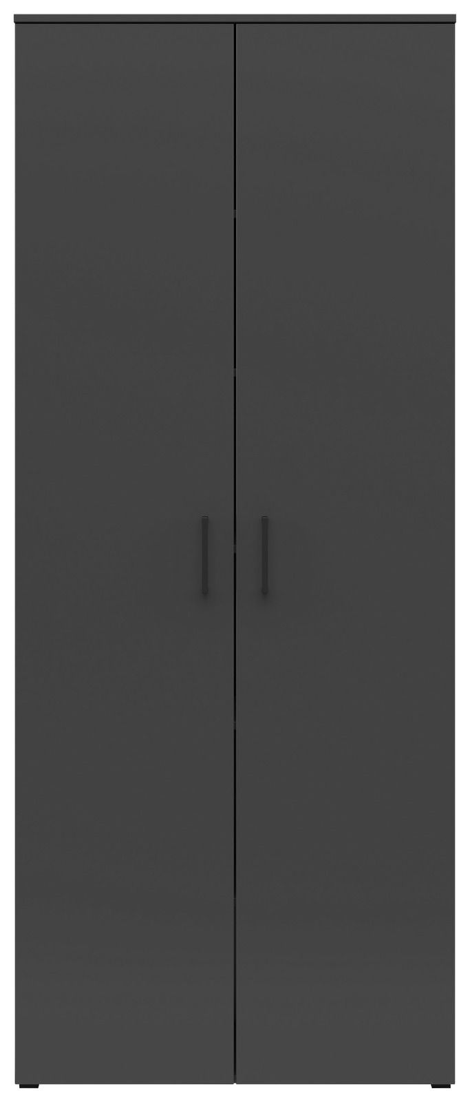 Frontansicht eines schwarzen Mehrzweckschranks mit zwei Türen und schlichten Griffen.