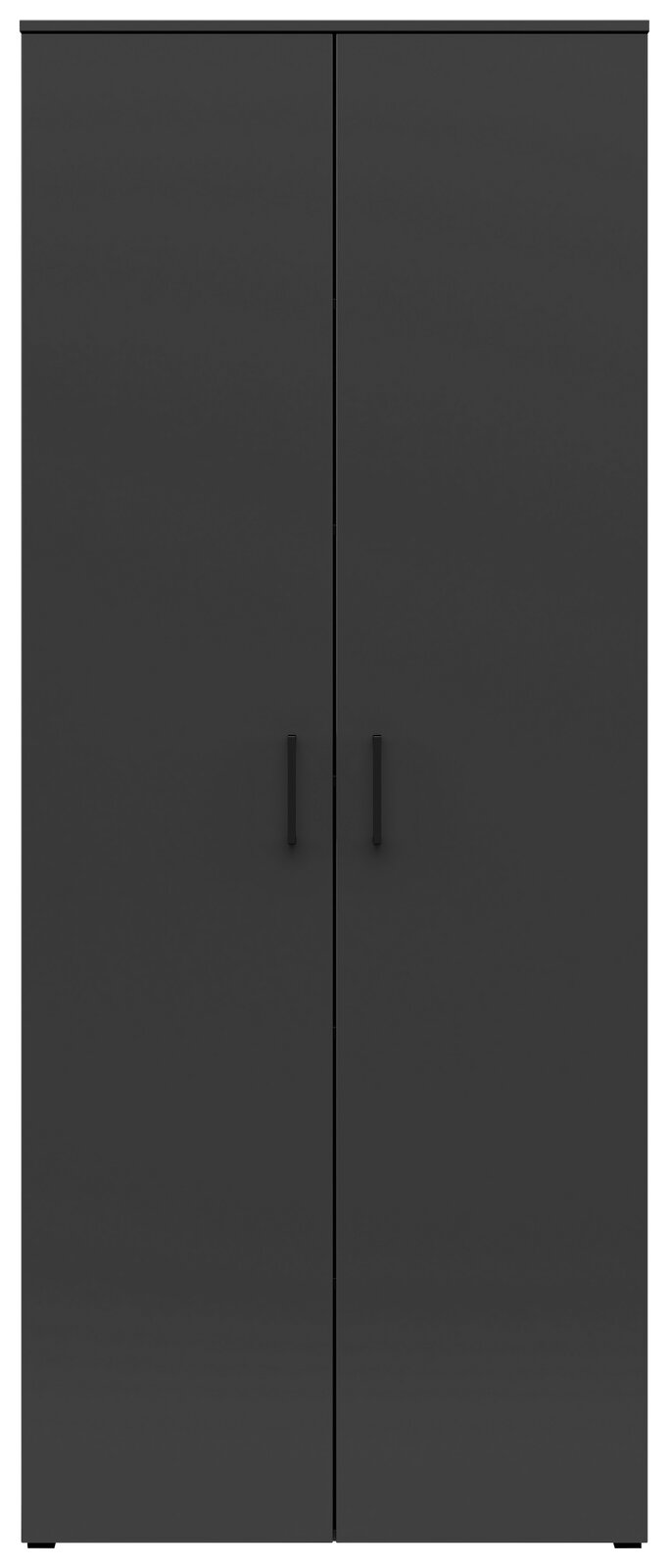 Frontansicht eines schwarzen Mehrzweckschranks mit zwei Türen und schlichten Griffen.