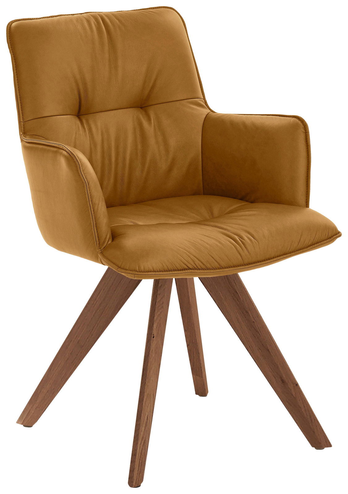 Moderner Design-Schalensessel in senfgelber Farbe mit gepolsterter Sitzfläche und Rückenlehne, auf vier hölzernen Beinen. Perspektive: seitliche Ansicht.