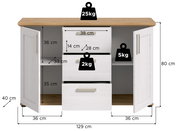 Frontale Ansicht eines weißen Sideboards mit zwei offenen Türen und drei Schubladen, die Maße und Gewichtskapazitäten anzeigen.