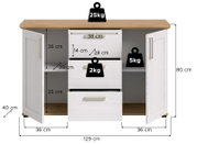 Frontale Ansicht eines weißen Sideboards mit zwei offenen Türen und drei Schubladen, die Maße und Gewichtskapazitäten anzeigen.