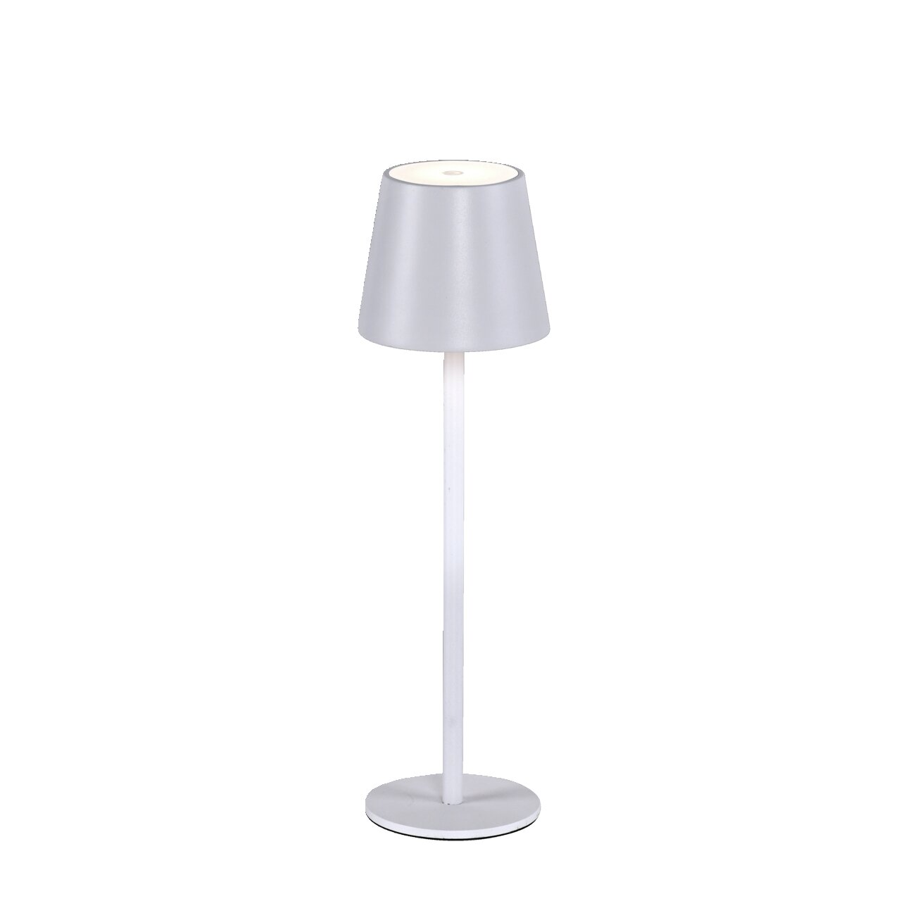 Moderne Akku-Tischleuchte EURIA in Grau, frontal abgebildet mit schlichtem Design und rundem Lampenschirm.