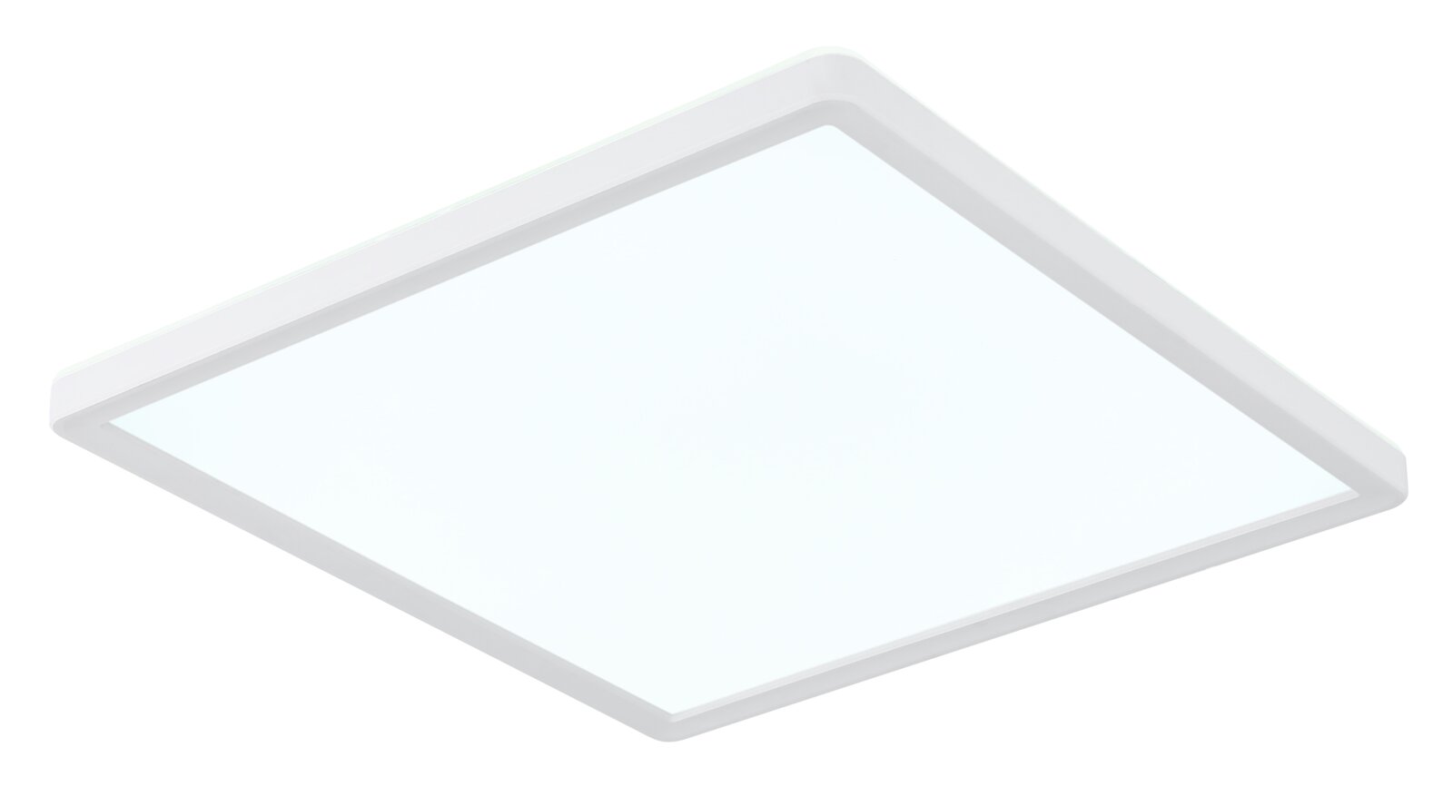 Quadratische, flache LED-Deckenleuchte mit weißem Rahmen und diffuser Lichtfläche, freigestellt auf weißem Hintergrund, in schräger Perspektive von unten/vorne