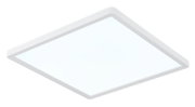 Quadratische, flache LED-Deckenleuchte mit weißem Rahmen und diffuser Lichtfläche, freigestellt auf weißem Hintergrund, in schräger Perspektive von unten/vorne