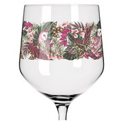 Gin-Glas mit farbenfrohem botanischen Muster und Eulenmotiv, seitliche Perspektive