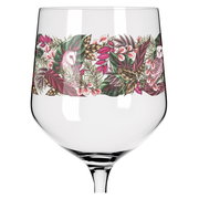 Gin-Glas mit farbenfrohem botanischen Muster und Eulenmotiv, seitliche Perspektive