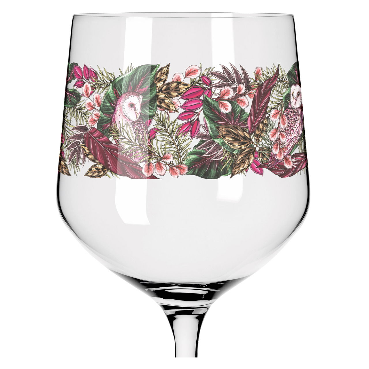Gin-Glas mit farbenfrohem botanischen Muster und Eulenmotiv, seitliche Perspektive