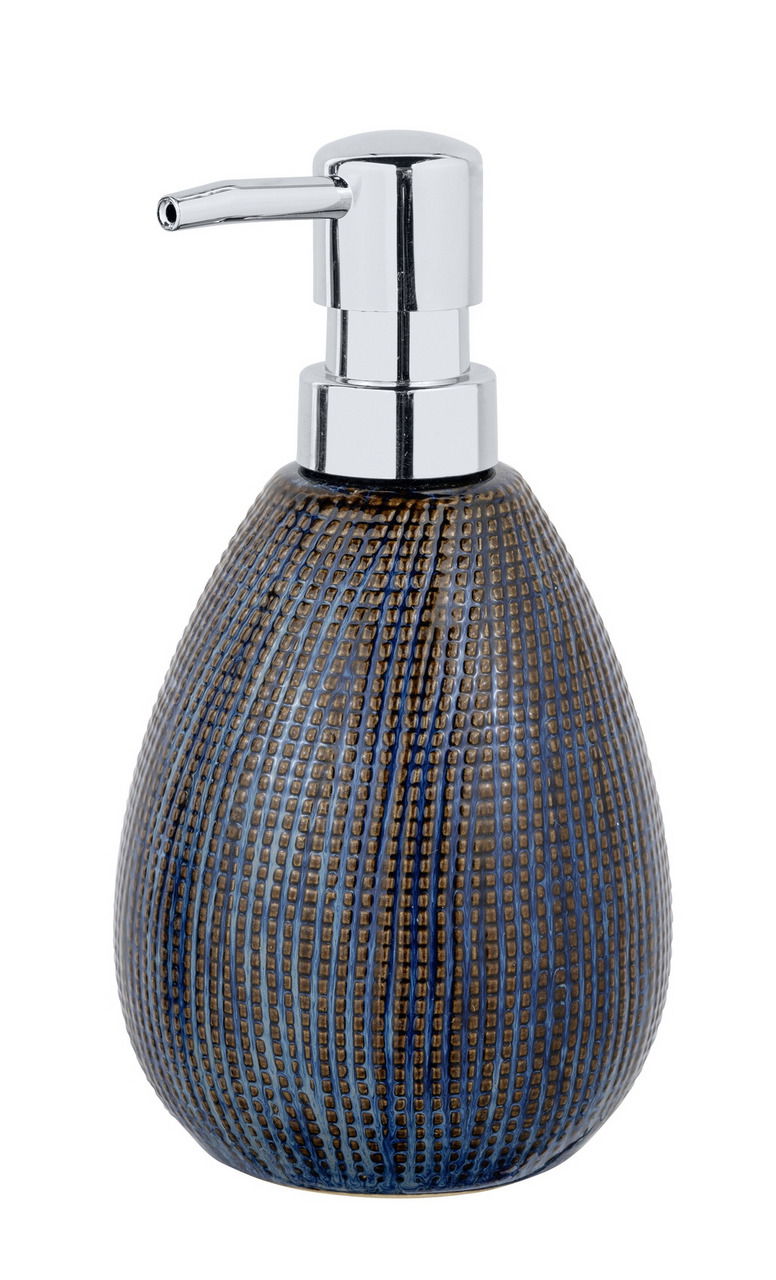 Keramik Seifenspender Ronta in Tropfenform mit blauer und brauner Textur, seitliche Perspektive