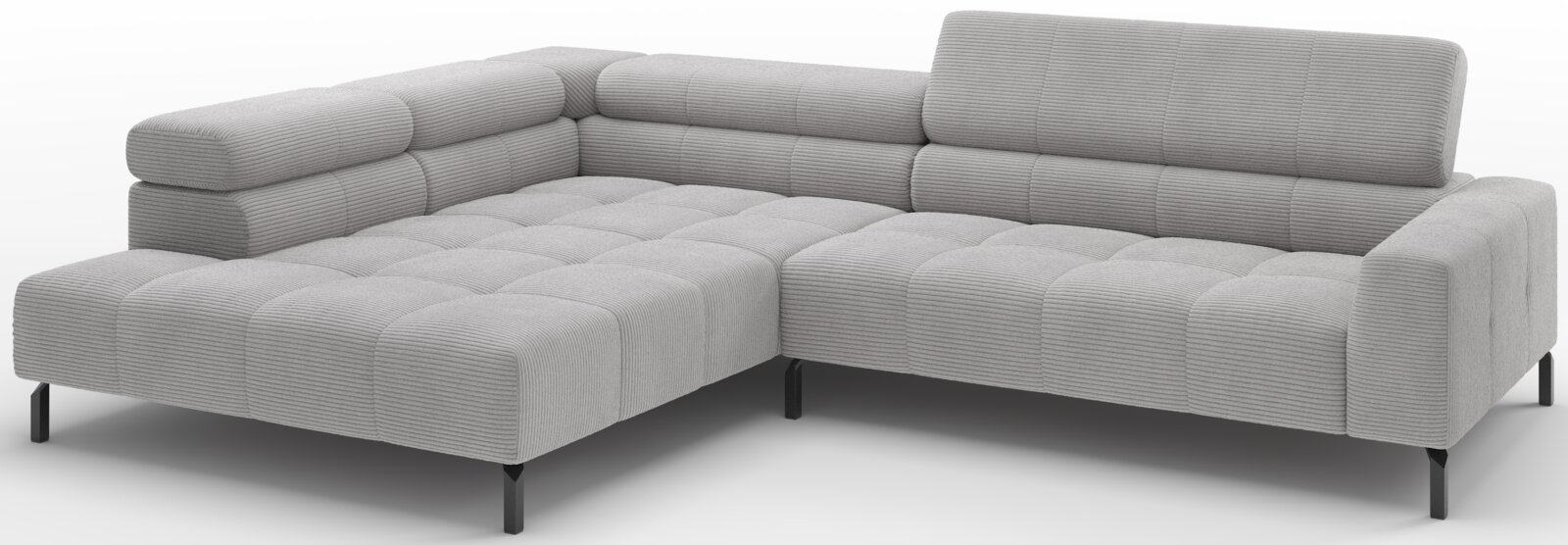 Lichtgrijze ribstof hoekbank met chaise longue links, gecapitonneerde zittingen en zwarte poten, getoond in schuin vooraanzicht