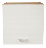Hängeschrank ANDY in weißer Frontansicht mit Holzoberseite und silbernem Griff