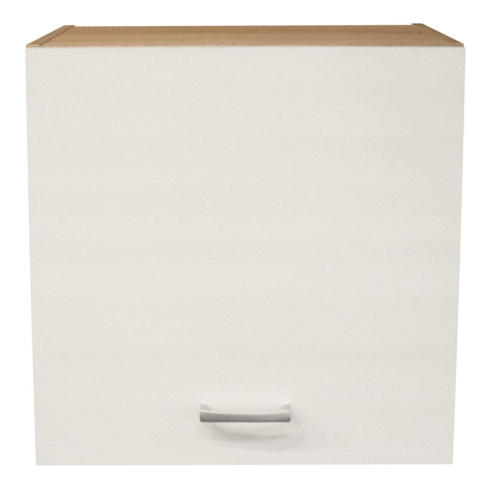 Hängeschrank ANDY in weißer Frontansicht mit Holzoberseite und silbernem Griff