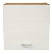 Hängeschrank ANDY in weißer Frontansicht mit Holzoberseite und silbernem Griff