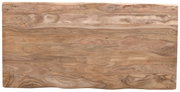 Vogelperspektive auf eine Tischplatte aus Holz mit natürlicher Maserung.