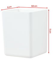 Weiße, rechteckige Aufbewahrungsbox aus Kunststoff, seitliche Perspektive, Maße: 8 cm x 8,6 cm x 11 cm