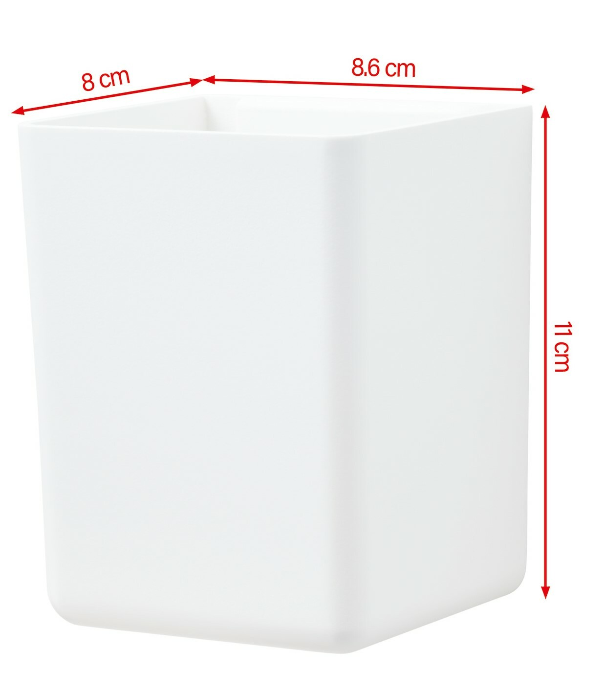 Weiße, rechteckige Aufbewahrungsbox aus Kunststoff, seitliche Perspektive, Maße: 8 cm x 8,6 cm x 11 cm