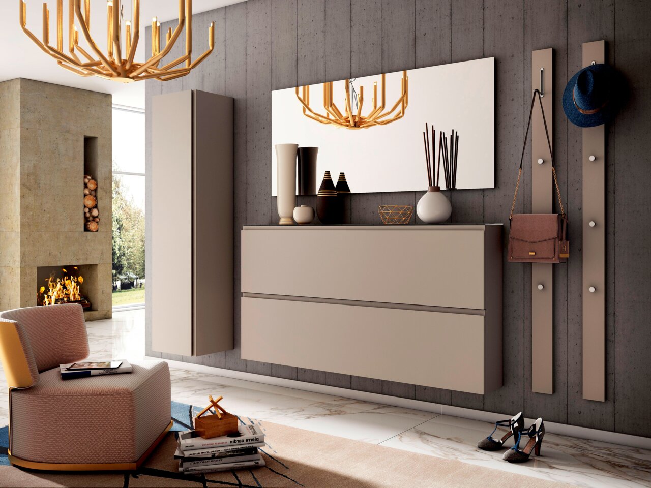 Moderano Hänge-Garderobenschrank LECCO Moderner Hänge-Garderobenschrank in einem stilvollen Wohnzimmer, seitliche Perspektive