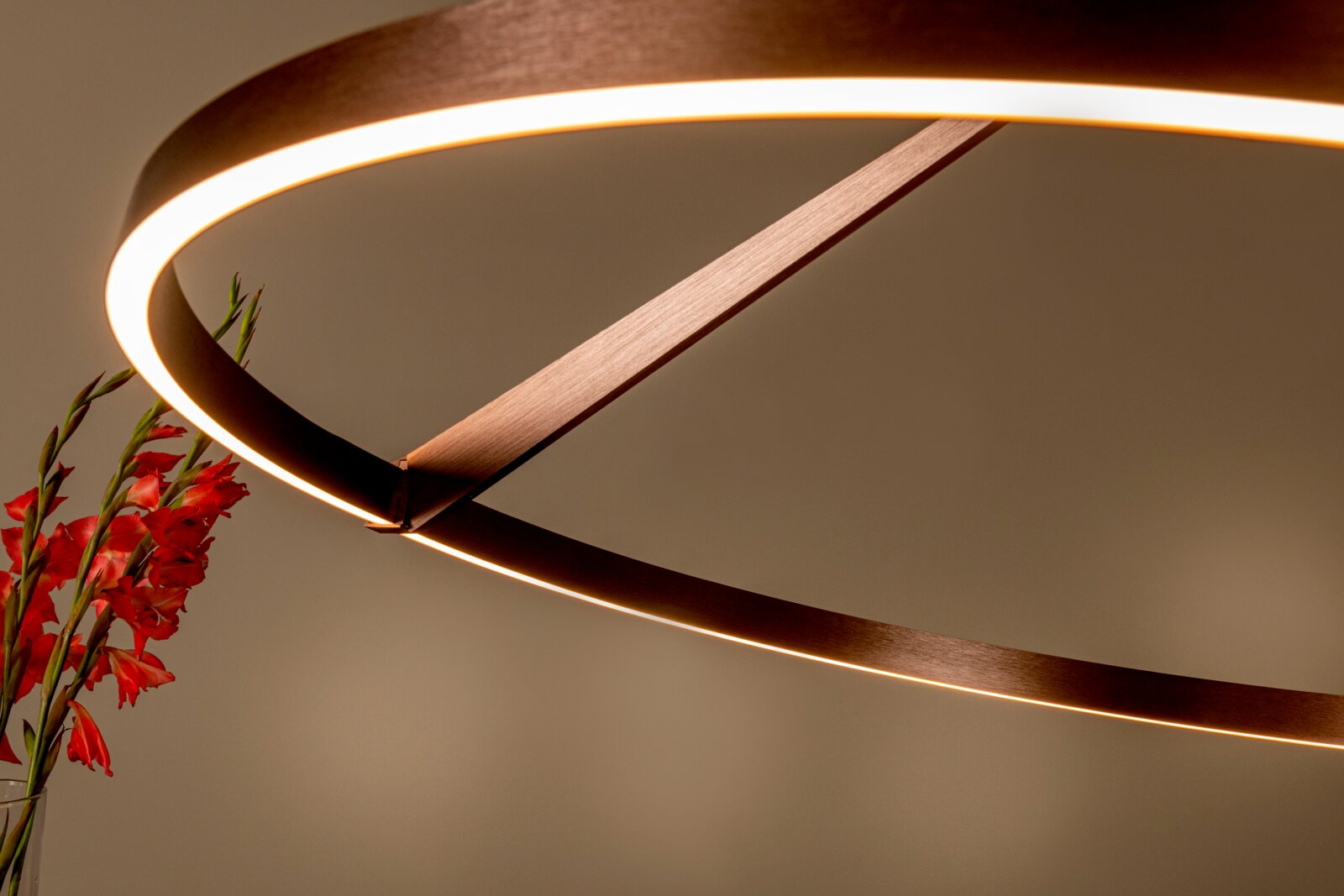 Moderne LED-Pendelleuchte mit ringförmigem Holzrahmen und warmweißem Licht, schräg von unten aus der Nahaufnahme fotografiert