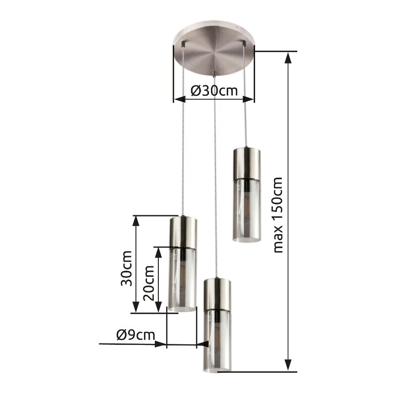 Moderne Hängeleuchte mit drei zylindrischen Lampenschirmen aus Metall und Glas, von der Decke hängend, mit einer maximalen Länge von 150 cm. Ansicht von der Seite.