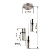 Moderne Hängeleuchte mit drei zylindrischen Lampenschirmen aus Metall und Glas, von der Decke hängend, mit einer maximalen Länge von 150 cm. Ansicht von der Seite.