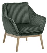 Grüner Sessel mit geripptem Stoffbezug und Holzbeinen, seitliche Perspektive