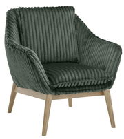 Grüner Sessel mit geripptem Stoffbezug und Holzbeinen, seitliche Perspektive