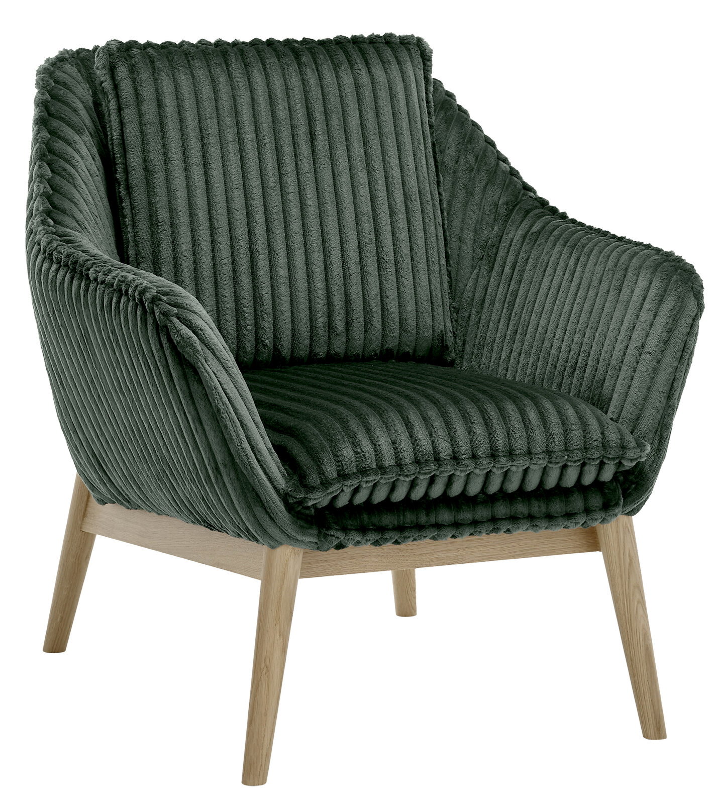 Grüner Sessel mit geripptem Stoffbezug und Holzbeinen, seitliche Perspektive