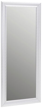 Rechteckiger Spiegel mit weißem, strukturiertem Rahmen, frontal abgebildet.