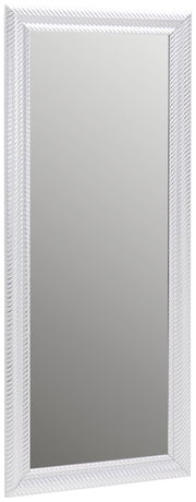 Rechteckiger Spiegel mit weißem, strukturiertem Rahmen, frontal abgebildet.