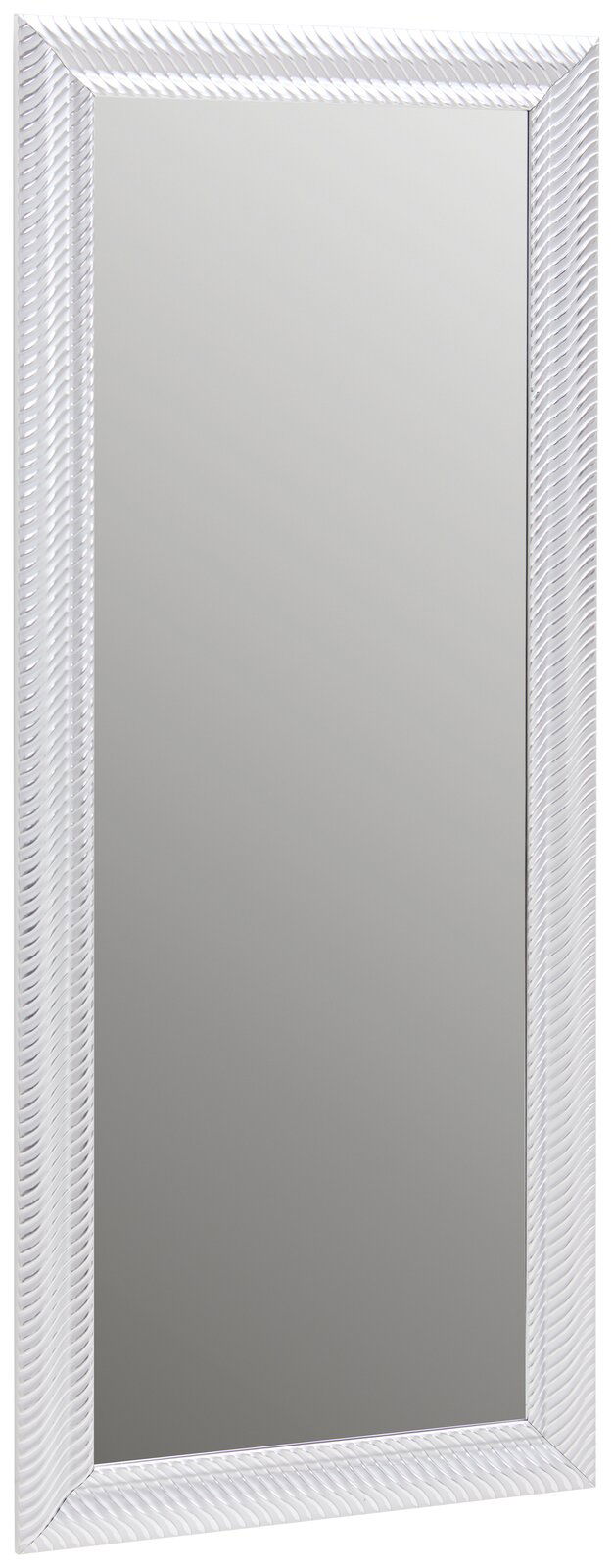 Rechteckiger Spiegel mit weißem, strukturiertem Rahmen, frontal abgebildet.