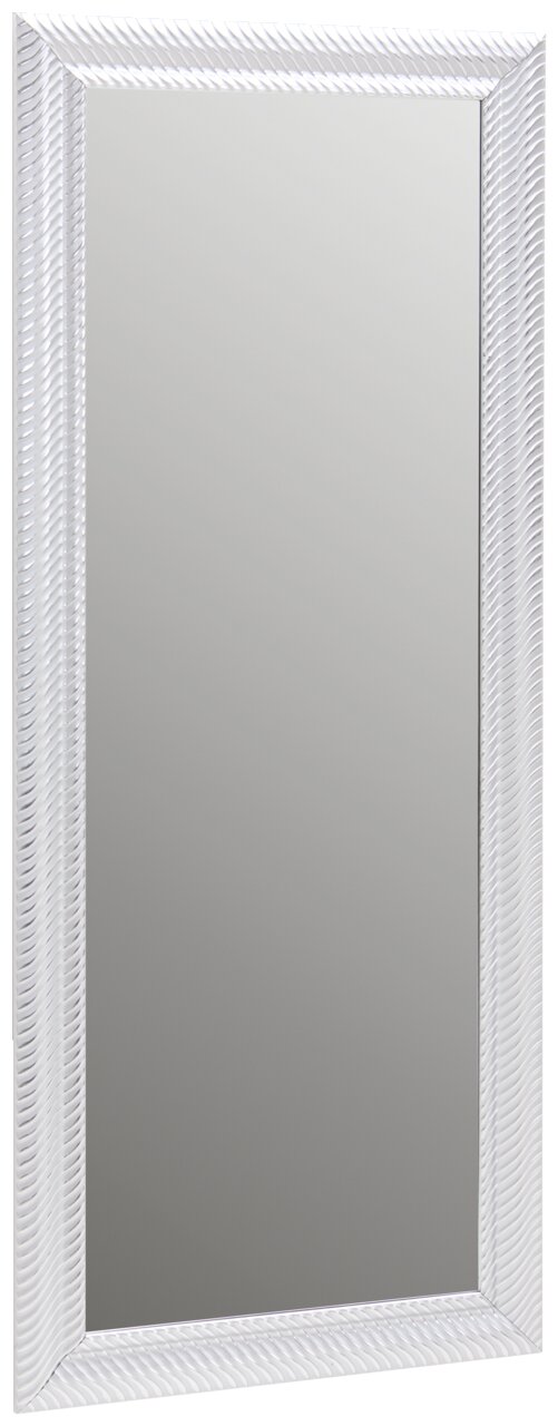 Rechteckiger Spiegel mit weißem, strukturiertem Rahmen, frontal abgebildet.