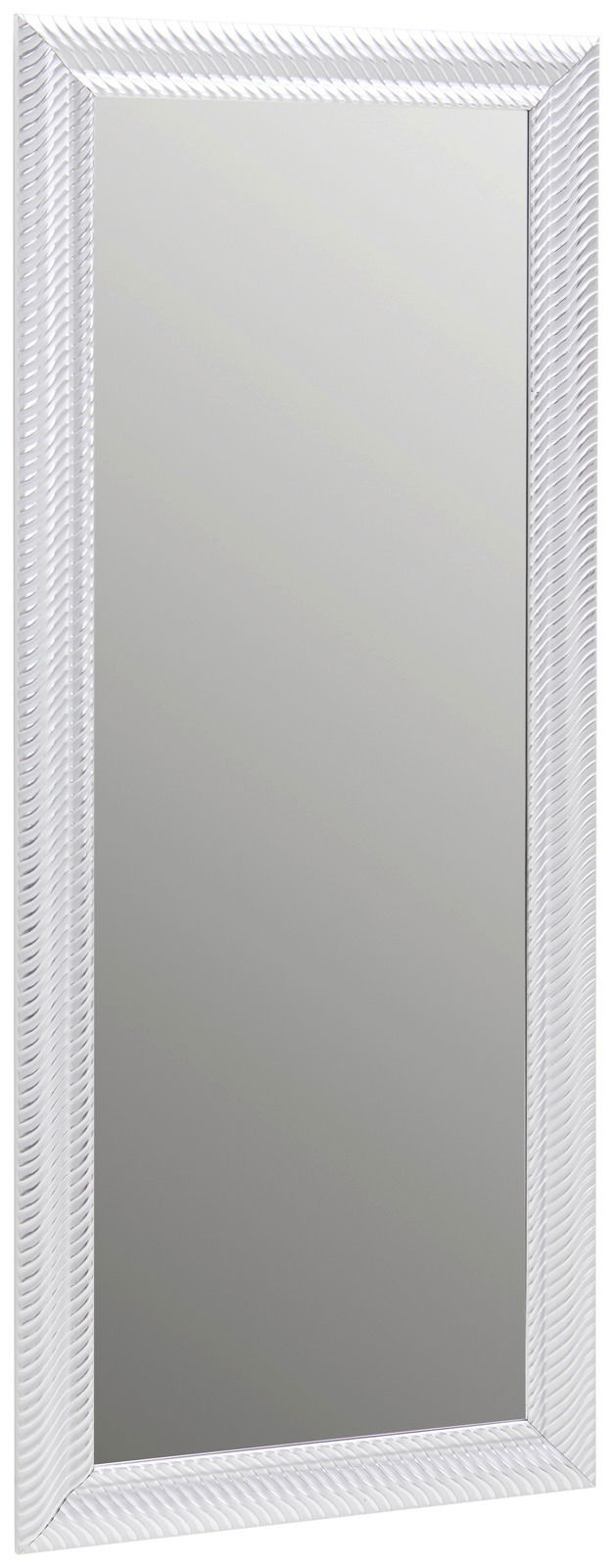 Rechteckiger Spiegel mit weißem, strukturiertem Rahmen, frontal abgebildet.