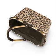 Leopardenmuster-Einkaufskorb mit braunem Rahmen und Griff, von oben betrachtet.