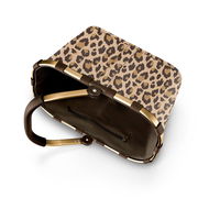 Leopardenmuster-Einkaufskorb mit braunem Rahmen und Griff, von oben betrachtet.