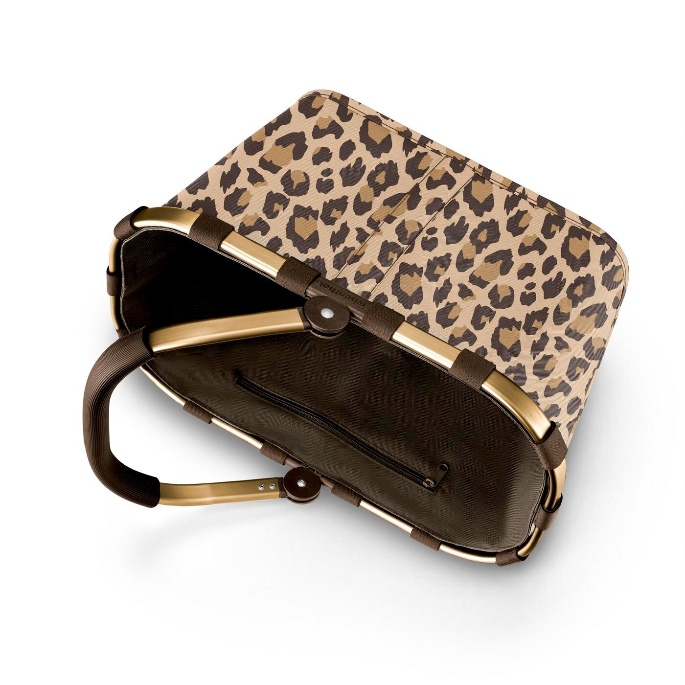 Leopardenmuster-Einkaufskorb mit braunem Rahmen und Griff, von oben betrachtet.