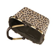 Leopardenmuster-Einkaufskorb mit braunem Rahmen und Griff, von oben betrachtet.