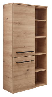 Midischrank aus Holz mit zwei Türen und offenen Regalfächern, seitliche Perspektive