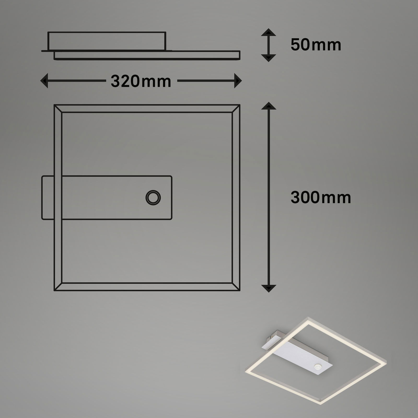 LED-Deckenleuchte mit Sensor, quadratische Form, Maße 320mm x 300mm x 50mm, Seitenansicht und Draufsicht