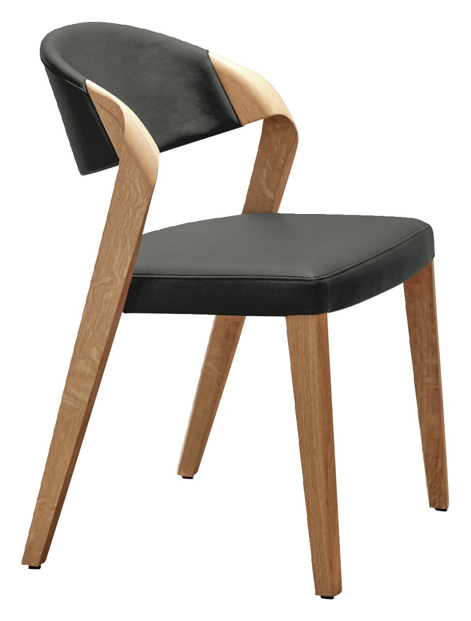 Moderner Stuhl mit schwarzem Sitz und Rückenlehne aus Leder, kombiniert mit Holzbeinen, seitliche Perspektive.