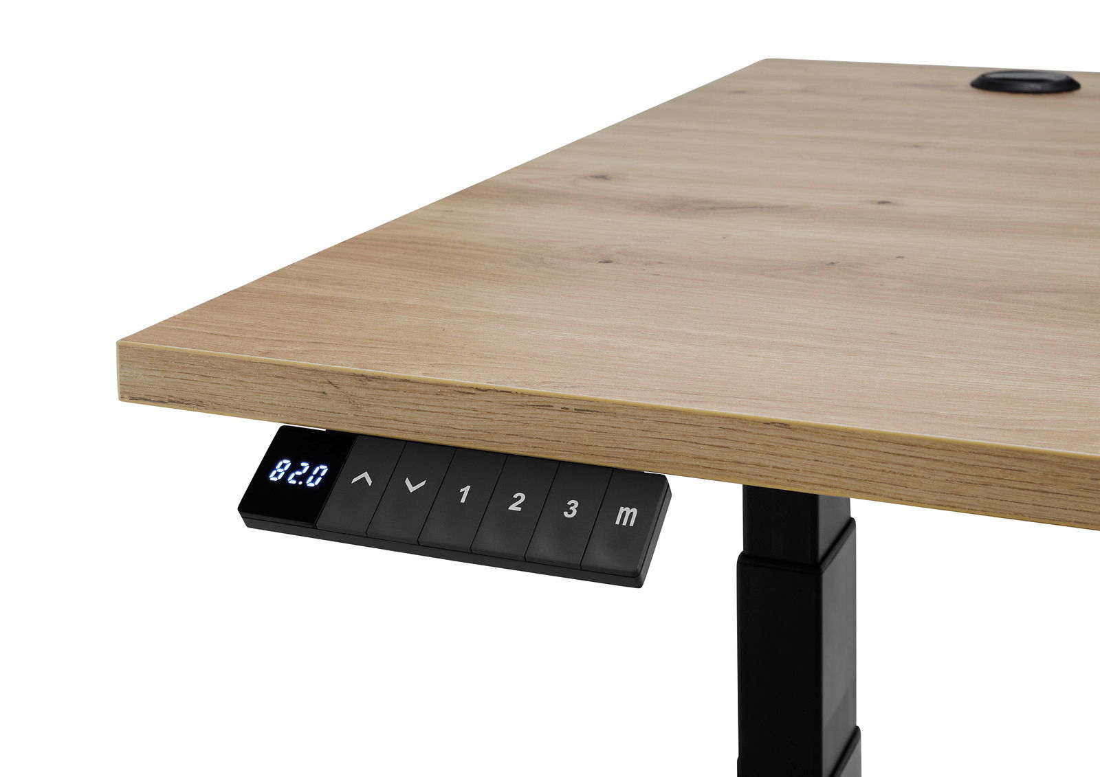 Nahaufnahme eines E-Eckschreibtisches mit Holzoberfläche und digitalem Bedienfeld an der Seite, seitliche Perspektive.