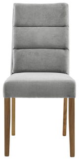 Grauer Polsterstuhl mit Holzbeinen, Frontalansicht