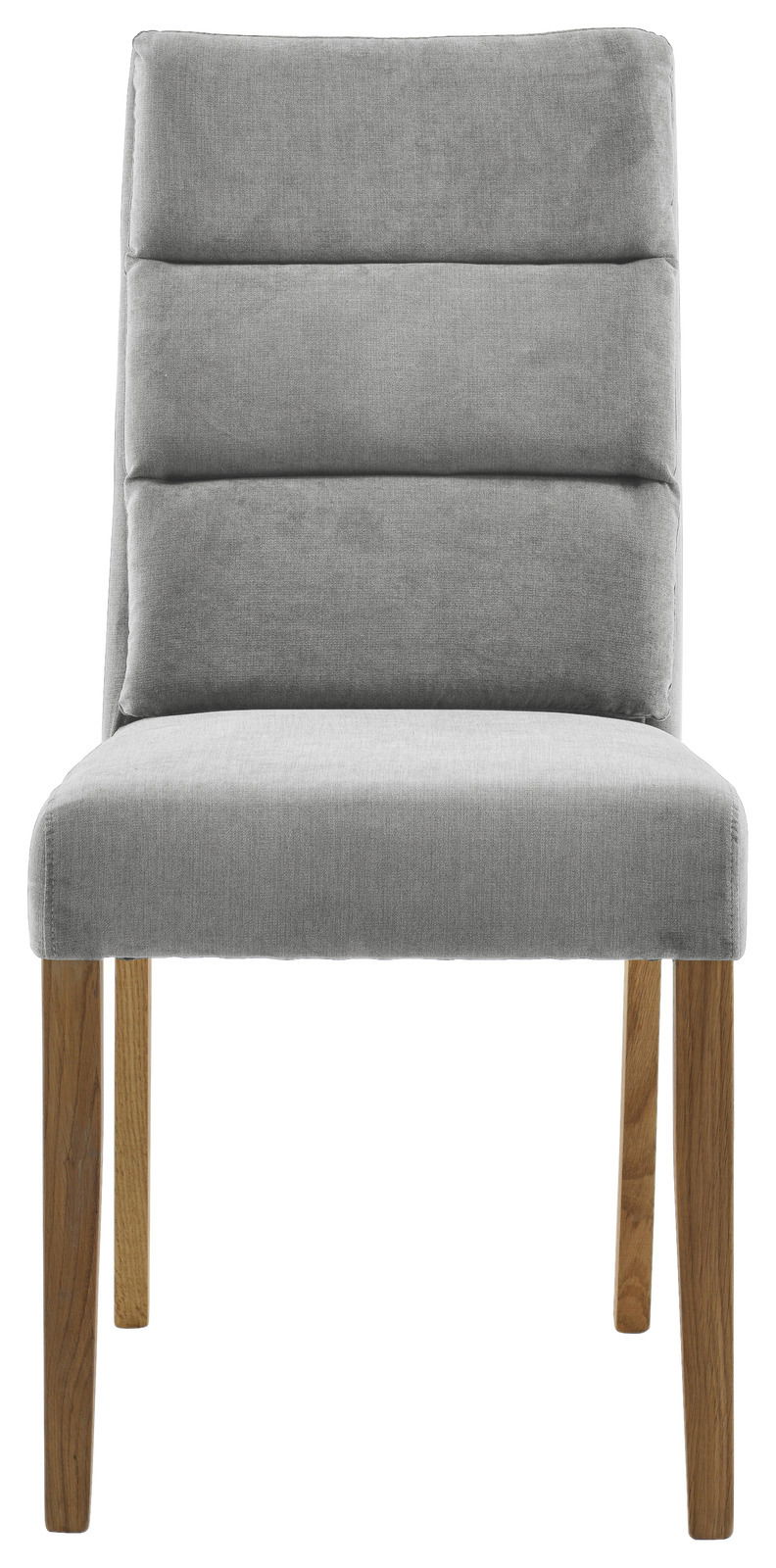 Grauer Polsterstuhl mit Holzbeinen, Frontalansicht