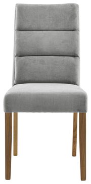 Grauer Polsterstuhl mit Holzbeinen, Frontalansicht