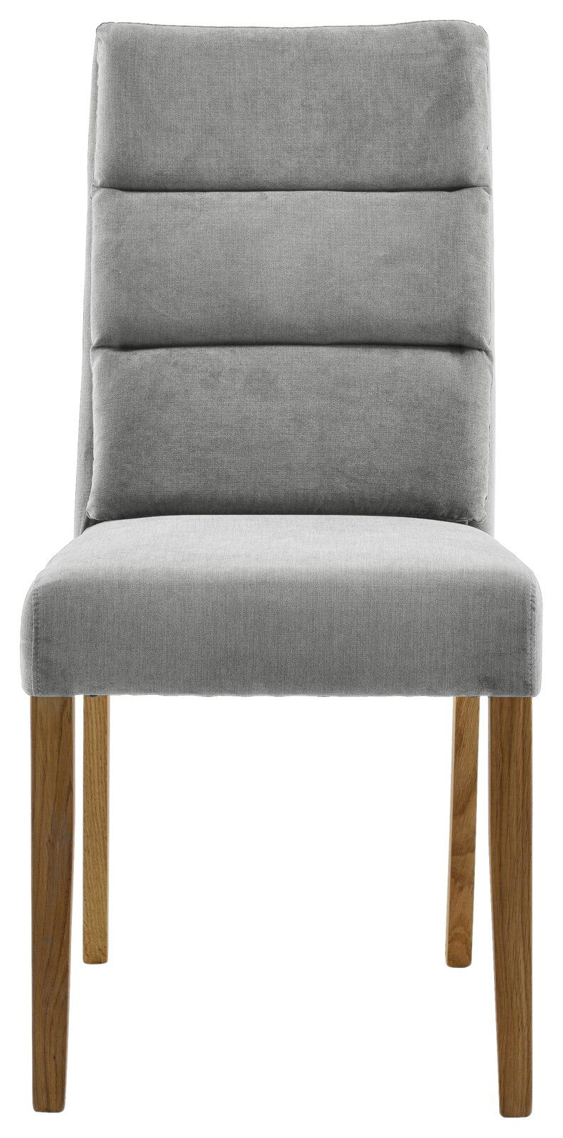 Grauer Polsterstuhl mit Holzbeinen, Frontalansicht