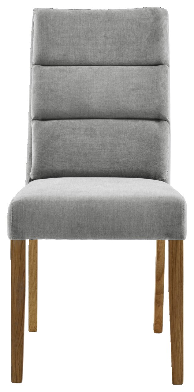 Grauer Polsterstuhl mit Holzbeinen, Frontalansicht