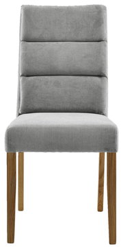 Grauer Polsterstuhl mit Holzbeinen, Frontalansicht