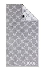 Graues Handtuch mit geometrischem Muster und JOOP!-Logo, von oben fotografiert.